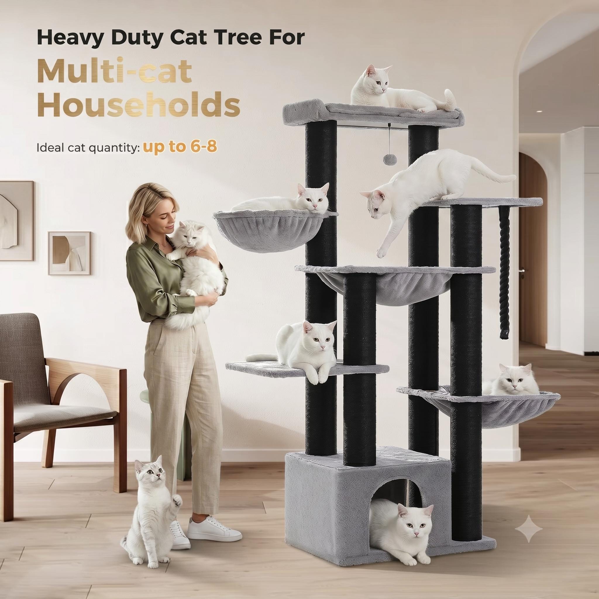 EmmaPetWelfare Large Cat Tree for Big Cats Multi-Level Condo with Hammock Sisal Posts