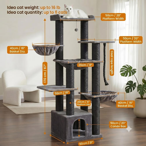 EmmaPetWelfare Large Cat Tree for Big Cats Multi-Level Condo with Hammock Sisal Posts