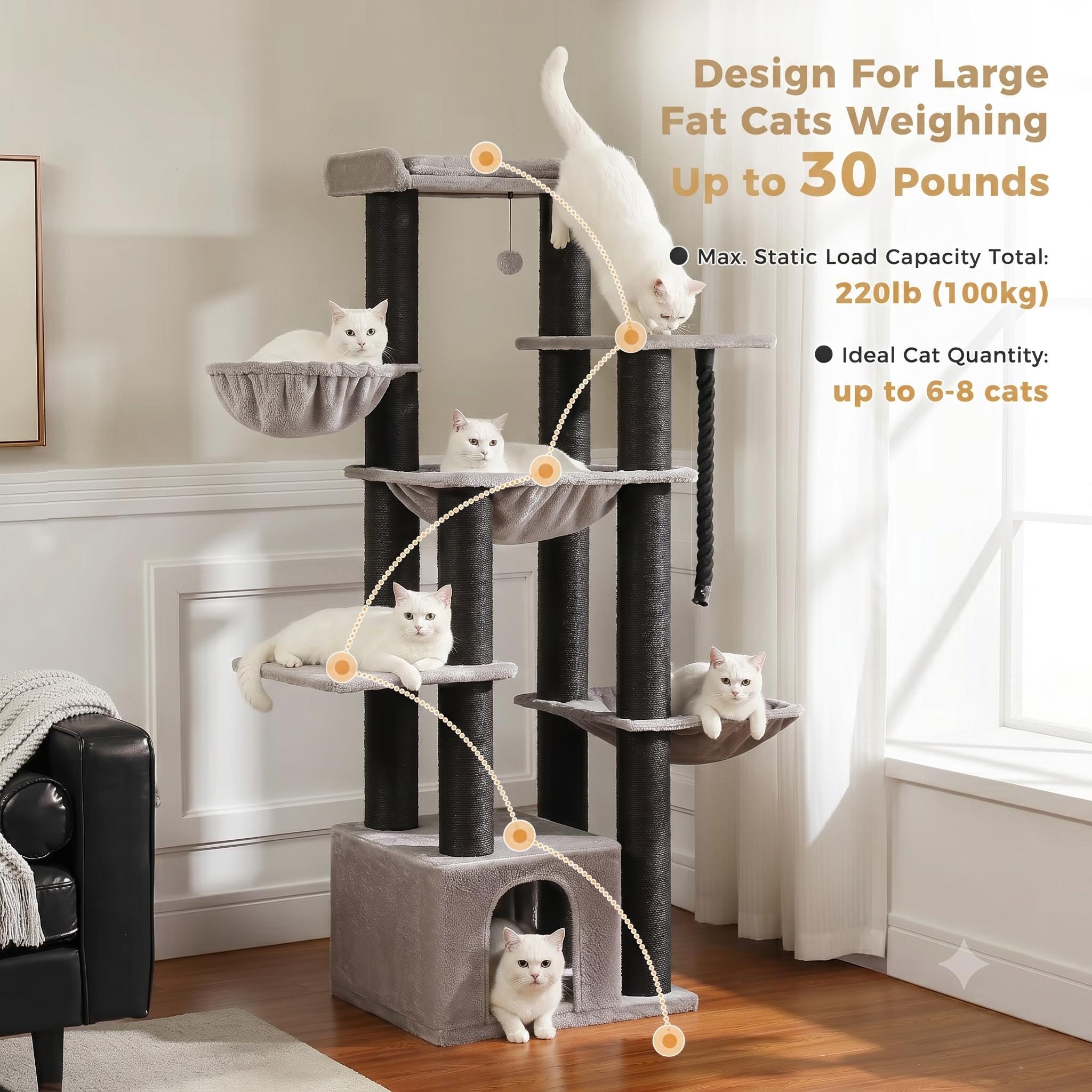 EmmaPetWelfare Large Cat Tree for Big Cats Multi-Level Condo with Hammock Sisal Posts